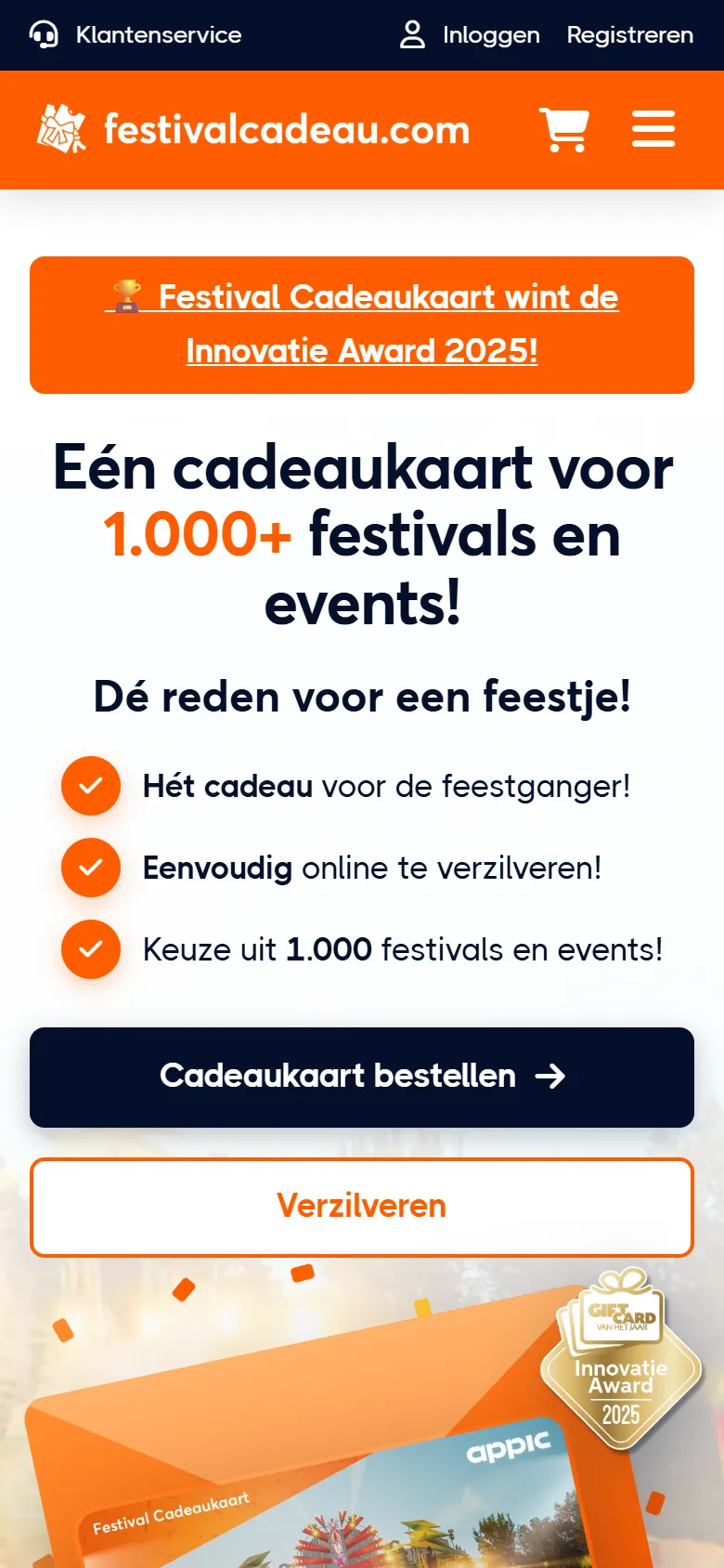 Homepage van festivalcadeau.com op een telefoon